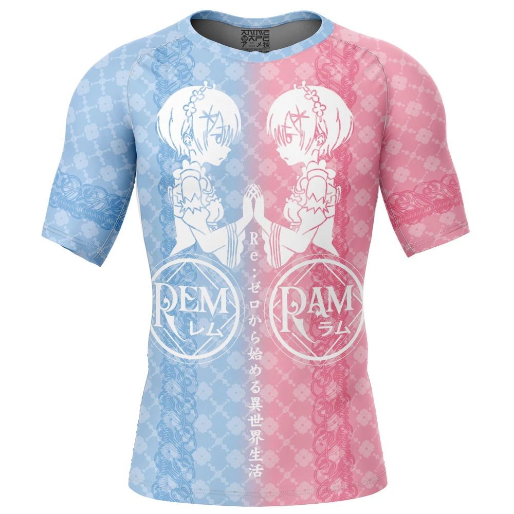 The Twins Rem And Ram Re Zero Kara Hajimeru Isekai Seikatsu Short Sleeve Rash Guard Compression Shirt